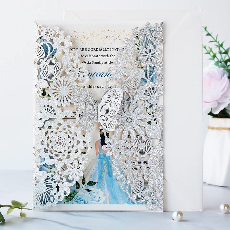 Hosmsua 5.12 x 7.3'' 50PCS Silver Laser Cut Butterfly Quinceanera Invitation Cards Lace Flora Weddding Invitations with Envelopes for QuinceaÃ±era Wedding Bridal Shower Invite (Silver Glitter) - Image 4